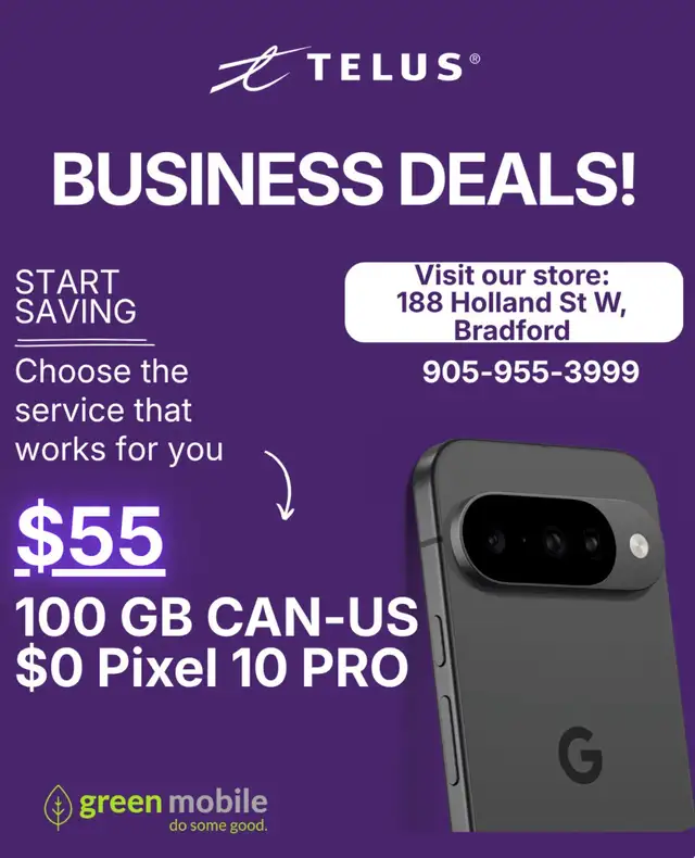 TELUS Business Deal – 100GB CAN-US Plan   $0 Pixel 10 Pro!