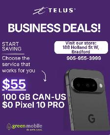 TELUS Business Deal – 100GB CAN-US Plan   $0 Pixel 10 Pro!