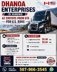 Hiring Single & Team Driver & O/O GTA to USA Runs