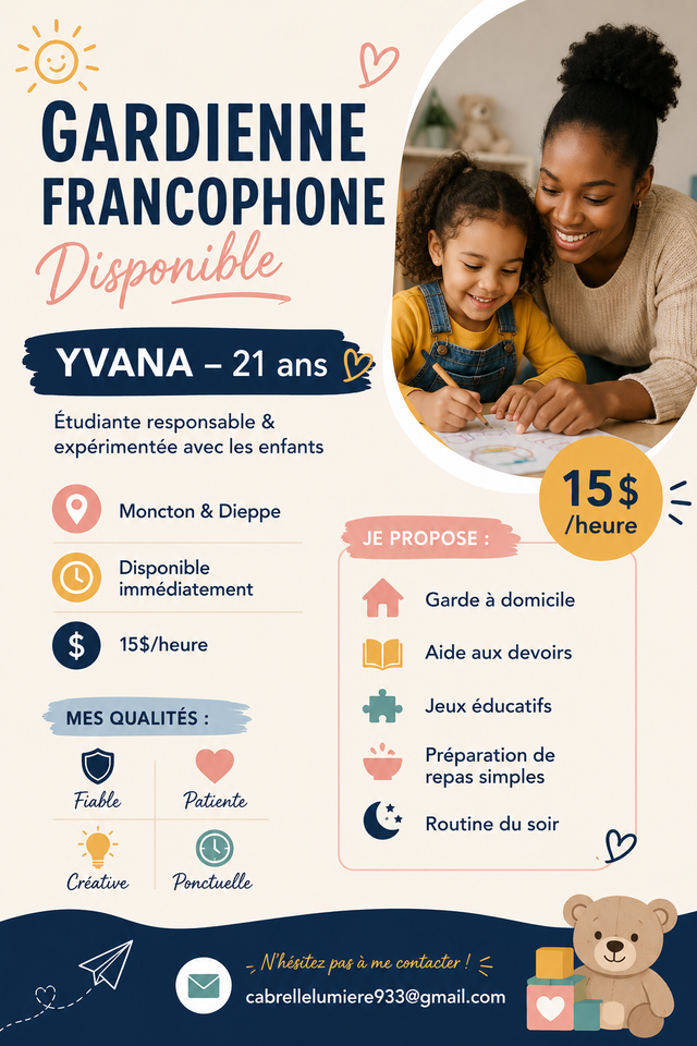 Gardienne francophone expérimentée | Moncton-Dieppe | Disponible