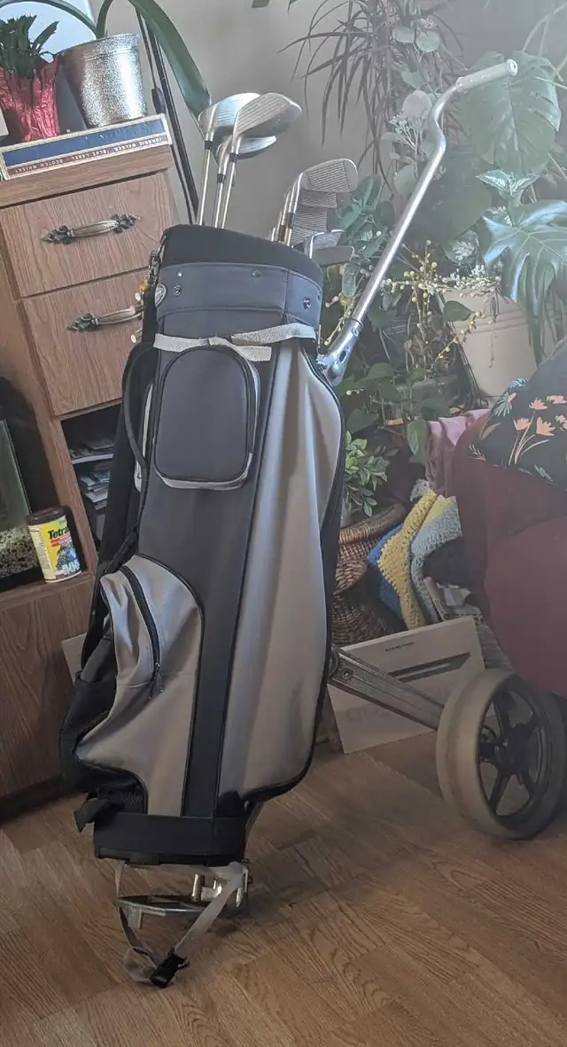 Men's golf cart and clubs.