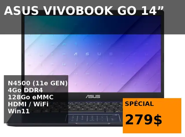 ASUS VivoBook Go 14" Intel N4500 4Go DDR4 128Go eMMC - NEUF