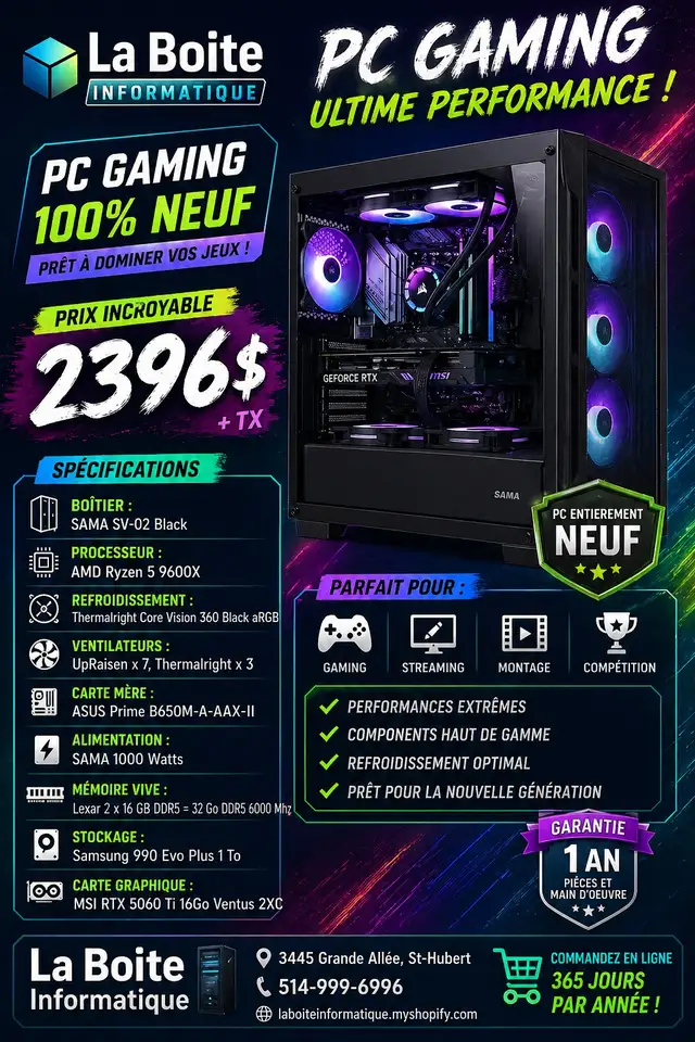PC GAMING NEUF Ryzen 5 9600X RTX5060Ti 16GB 32GB DDR5 1TB NVMe - Photo 2
