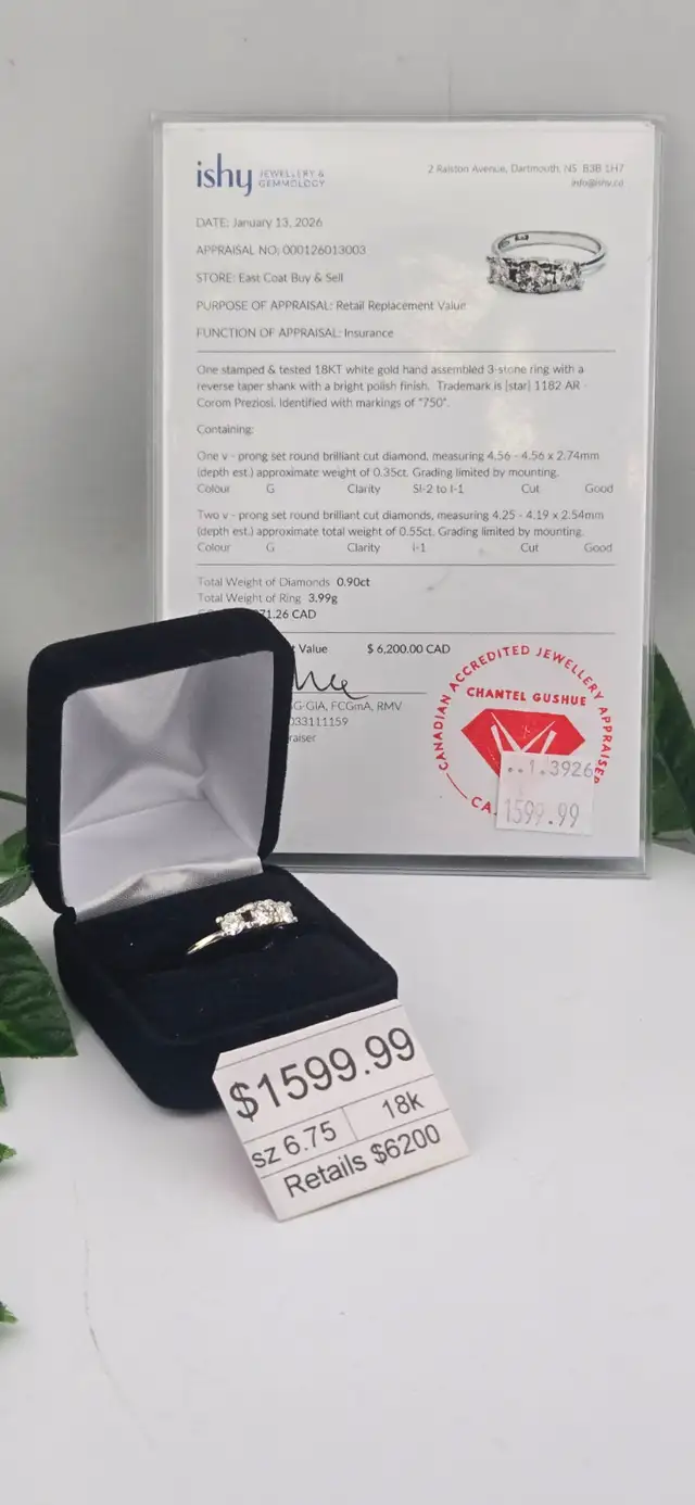 18KT 3-Stones White Gold Diamond Ring,3.99g, Size 6.75 (#7495)