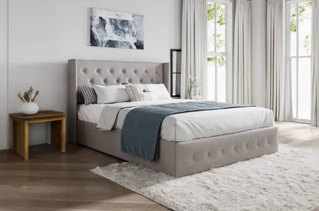 Luxury Grey Tufted Queen Bed | Upholstered Frame