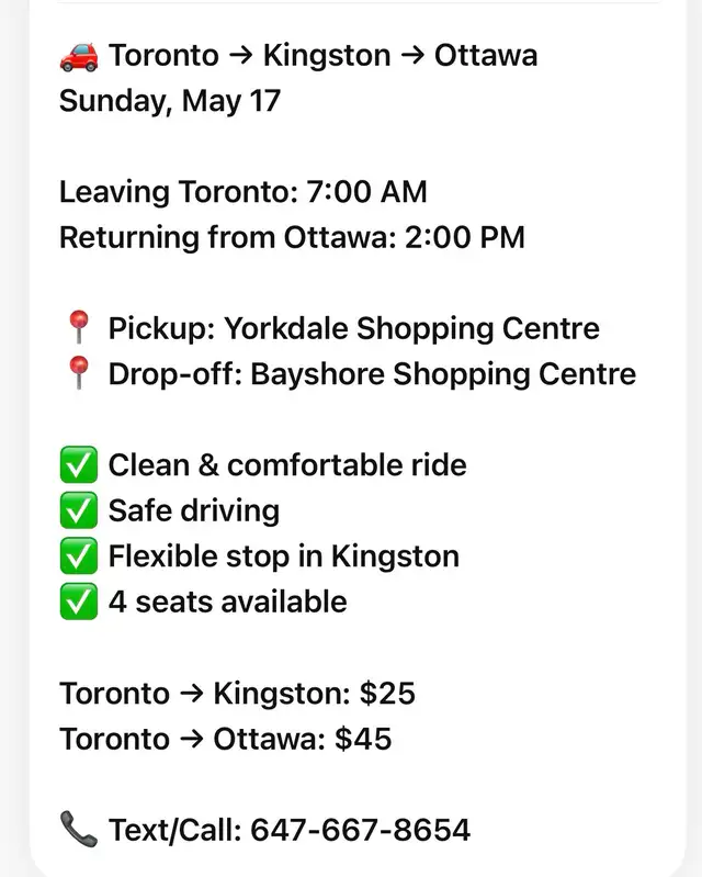Toronto → Kingston  Sunday 17 May