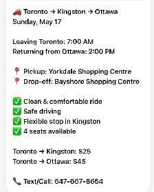 Toronto → Kingston  Sunday 17 May