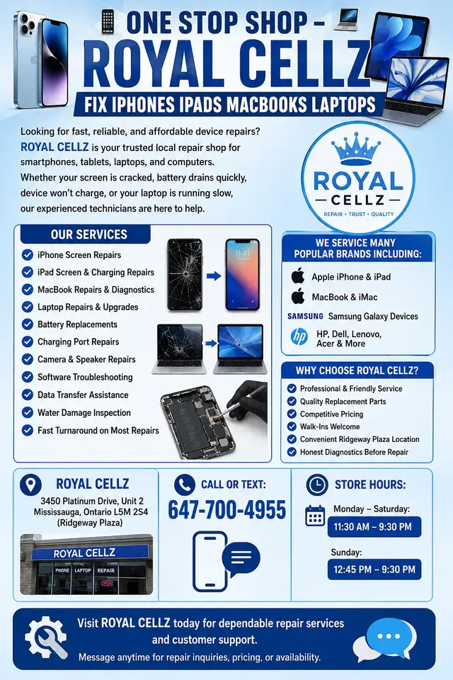 ONE STOP SHOP – ROYAL CELLZ FIX IPHONES IPADS MACBOOKS LAPTOP