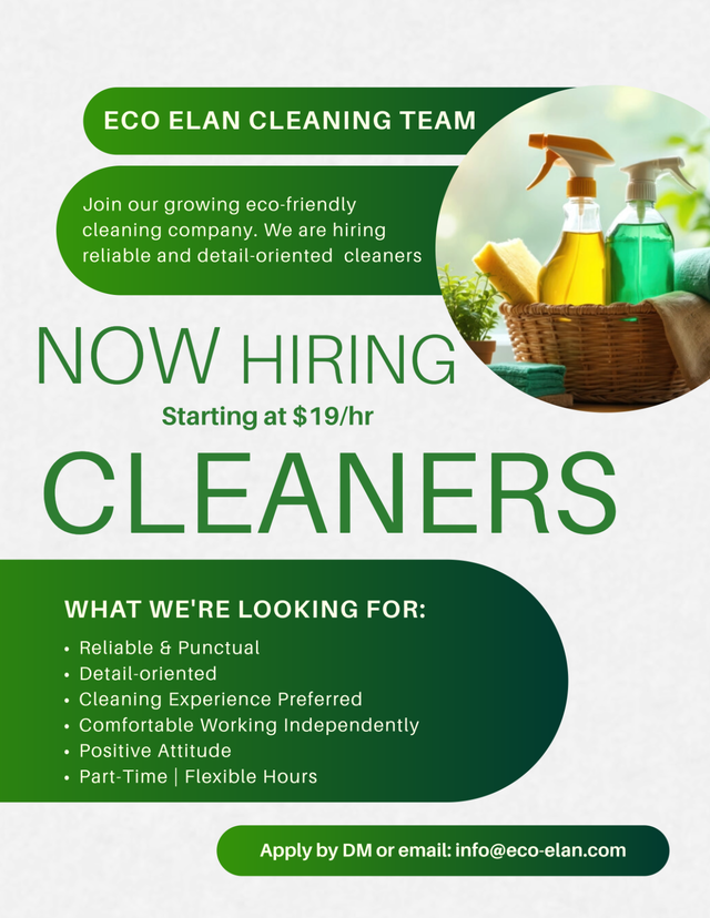 NOW HIRING CLEANERS – ECO ELAN CLEANING TEAM