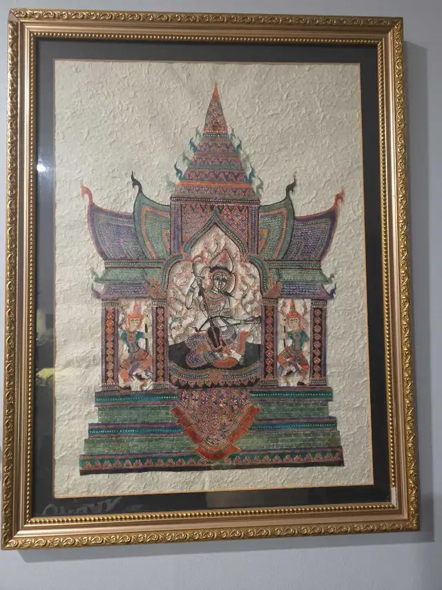 Vintage Framed Thai Epic Art – Giant & Deity on Saa Pape
