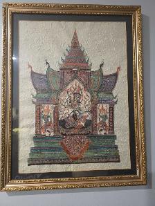 Vintage Framed Thai Epic Art – Giant & Deity on Saa Pape
