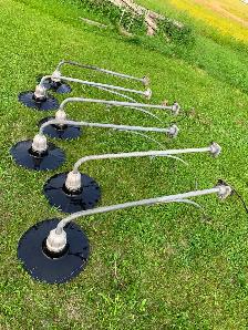 Set of 5 antique clamshell service station lights and brackets