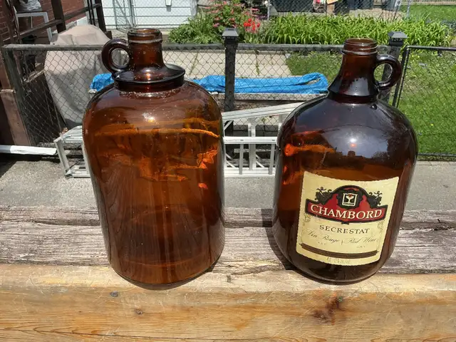 2 Vintage Amber Glass Jugs Chambord 4L Carboys with Handles !