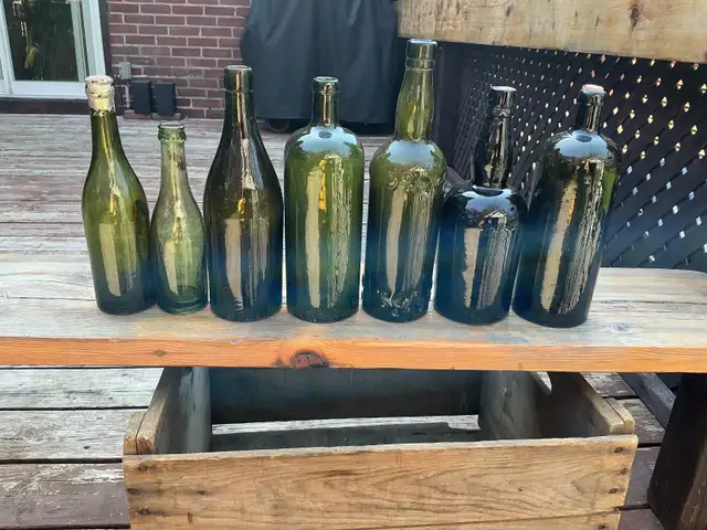 7 Antique Green & Dark Collectible Glass Bottles !