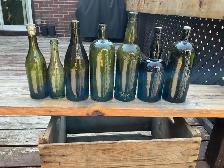 7 Antique Green & Dark Collectible Glass Bottles !