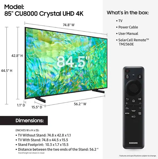 SAMSUNG-LED TV 85'-smart-4k-ultra hd -WARRANTY-$799.-no tax - Photo 2