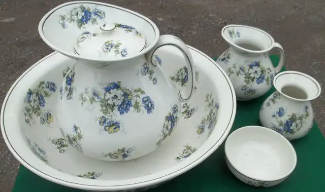 5 pc. Ridgways Porcelain Wash Basin / Pitcher set.England.