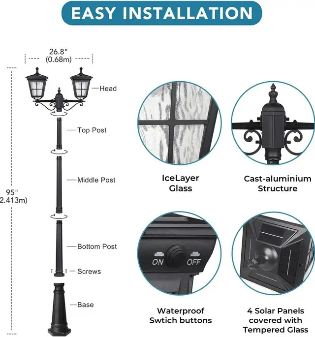 8FT SOLAR STREET LAMP POST – DUAL HEAD – CAST ALUMINUM NEW $240 - Photo 3