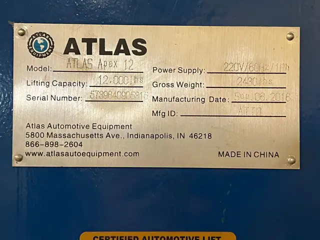 FOR SALE: 'Atlas Apex 12' 12,000 lbs Vehicle Lift - Photo 2