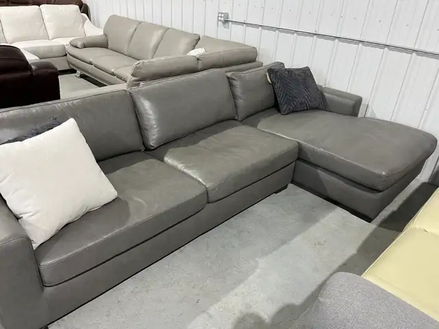 Grey top grain leather sectional