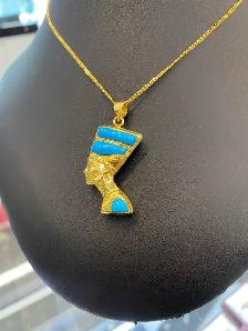 18K Gold Egyptian Head Pendant with Blue Aqua and Topaz