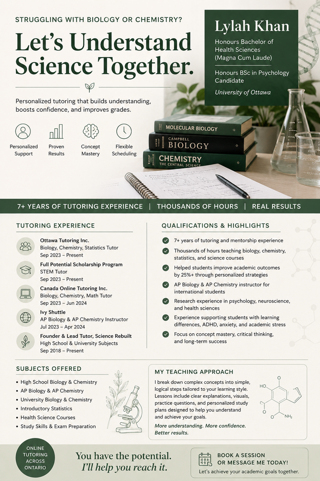 BIOLOGY & CHEMISTRY TUTORING High School • AP • University Level