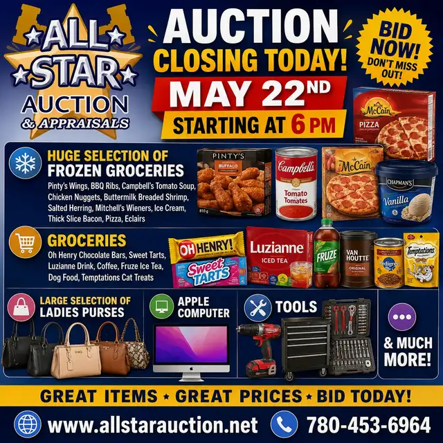 EDMONTON:  Timed Online Grocery & Consignment Auction-May 22@6pm