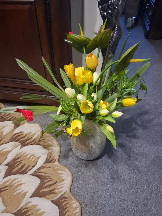 Beautiful Colourful Flowers with Stone-textured Vase.