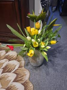 Beautiful Colourful Flowers with Stone-textured Vase.