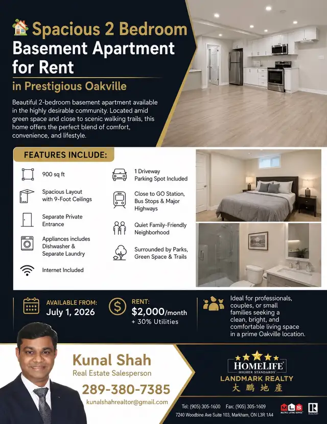2 Bedroom Basement for Rent in Oakville