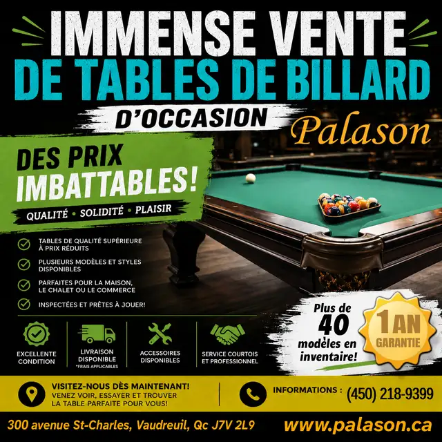VENTE Plus de 40 modèles de tables de billard usagées Pool Table