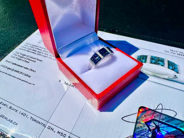 #814/857 - Sapphire, Diamond & 14kt White Gold Band, Size 7 - Photo 3