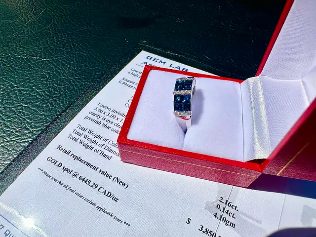 #814/857 - Sapphire, Diamond & 14kt White Gold Band, Size 7 - Photo 4