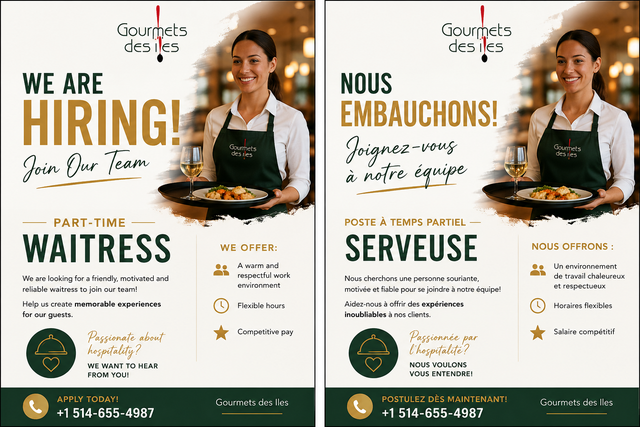 Hiring Now / Nous Embauchons – Waitress / Serveuse Part-Time