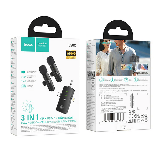 HOCO L20C 2pc Wireless Lavalier Mic (Lightning/Type-C/3.5) - Photo 3