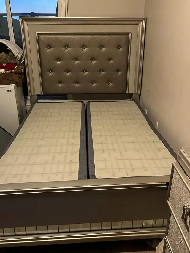 King size bed frame with a diamond tufted headboard. Upholstered