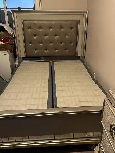 King size bed frame with a diamond tufted headboard. Upholstered