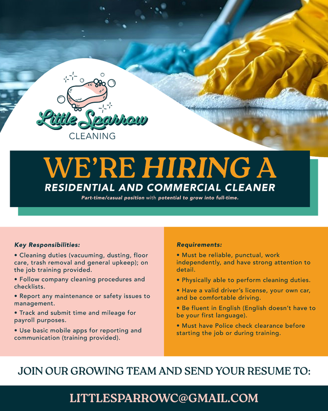 Part-Time Residential & Commercial Cleaner - Greater Hamilton Ar