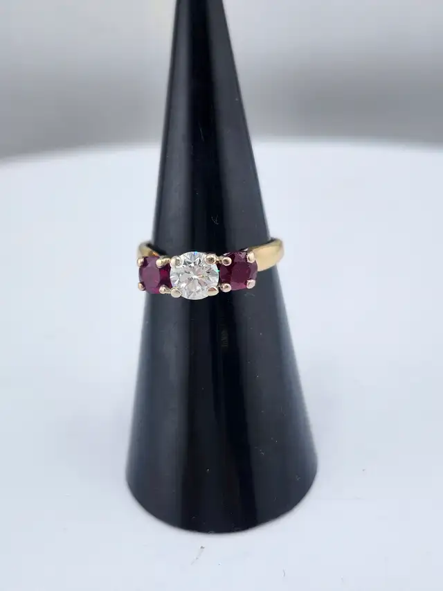 14 Kt. Yellow & White Gold 3-Stone Ring w/ Dia. & Rubies (#7519)