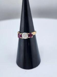 14 Kt. Yellow & White Gold 3-Stone Ring w/ Dia. & Rubies (#7519)