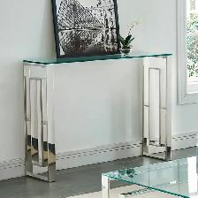 BRAND NEW EROS CONSOLE TABLE IN SILVER AND GLASS.