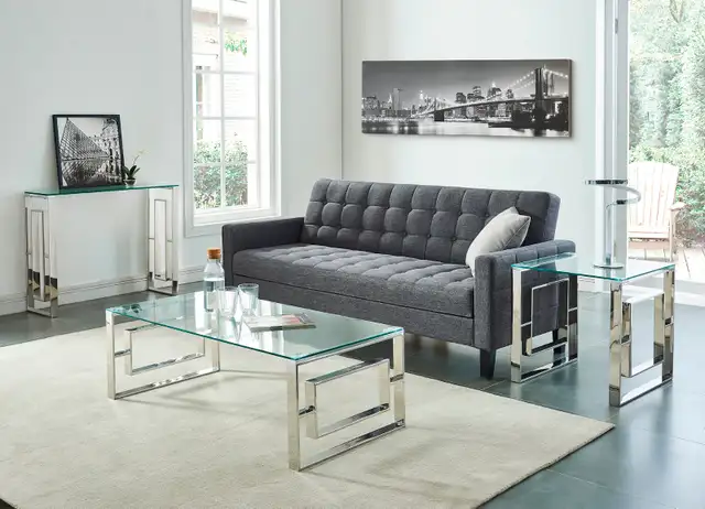 BRAND NEW EROS CONSOLE TABLE IN SILVER AND GLASS. - Photo 6