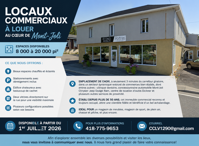 Espaces commerciaux pignon sur rue au Bas -St-Laurent!