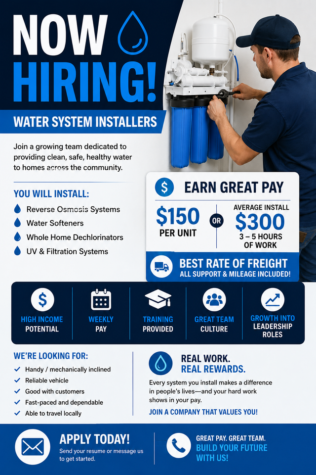 NOW HIRING: WATER SYSTEM INSTALLERS