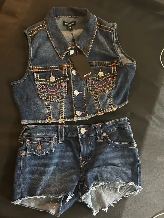 True Religion denim vest and shorts