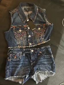 True Religion denim vest and shorts