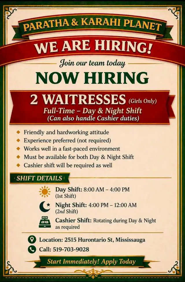 Hiring Waitresses at Paratha & Karahi Planet