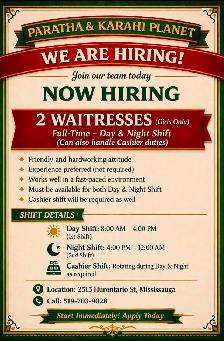 Hiring Waitresses at Paratha & Karahi Planet