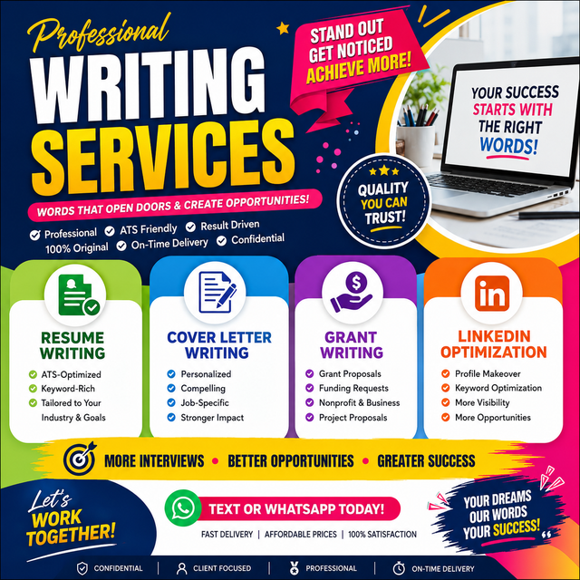 RESUME WRITING, GRANT WRITING, COVER LETTER WRITING, LINKEDIN