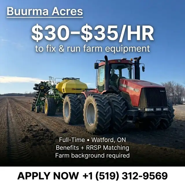 Farm Mechanic Wanted – $30–$35/hr   Full Benefits  RRSP Match